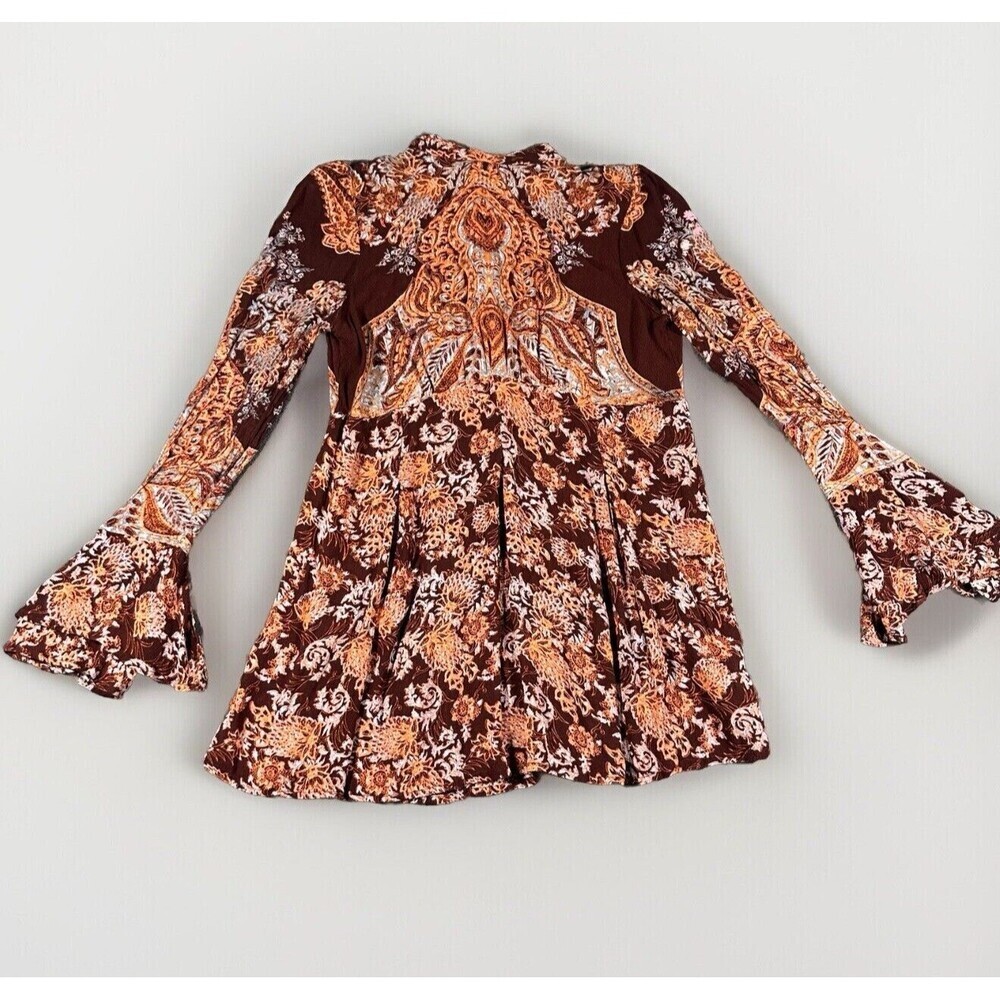 Free People XS Bell Sleeve Mock Neck Tunic Dress Burgundy Tie Paisley Boho 70s